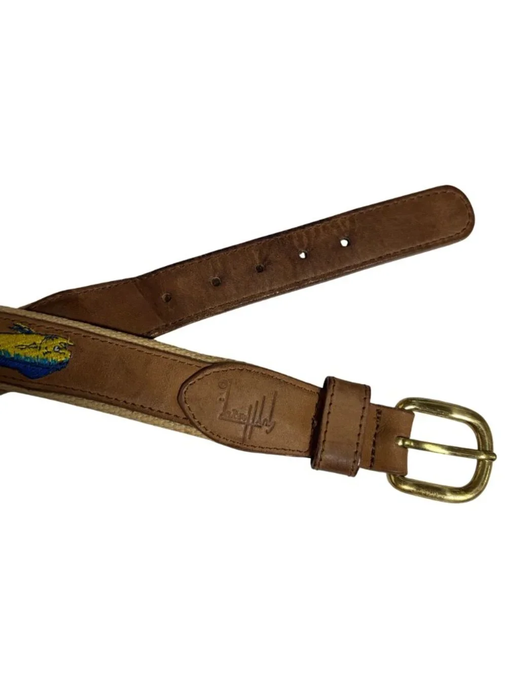 Guy Harvey Brown Leather Canvas Mahi Mahi Fish Belt Mens 32 Preppy Fishing